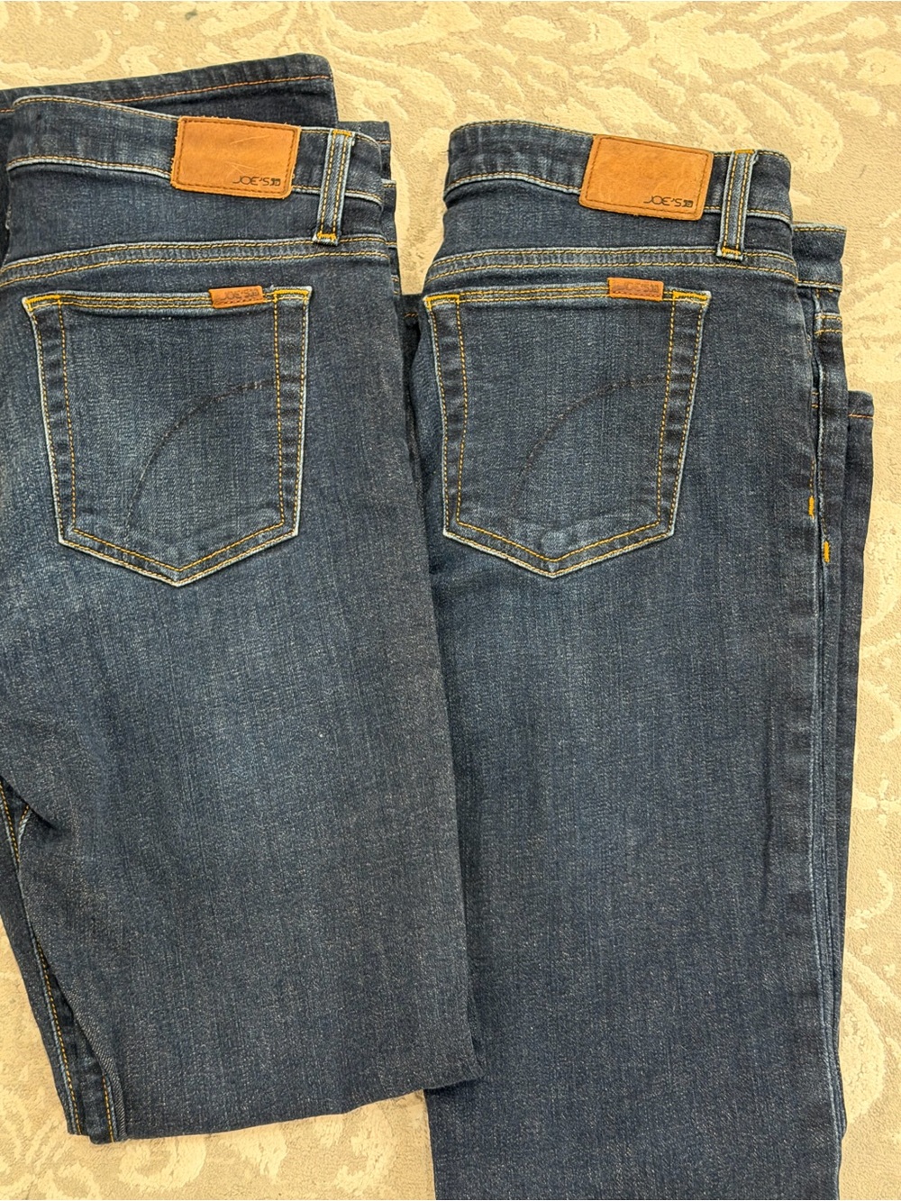 Joe's Jeans (Honey) Women's Dark Blue Straight Leg Denim with Tan Leather Patch